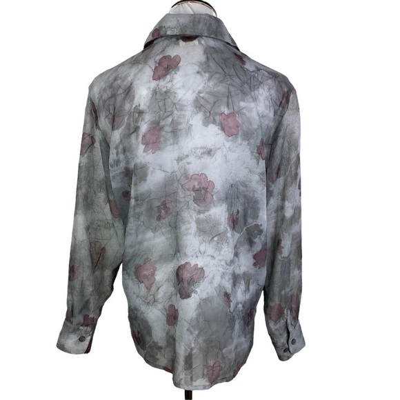 Casual Corner Vintage Floral Sheer Button Down Blouse Women's Medium Gray Pink - Picture 2 of 9